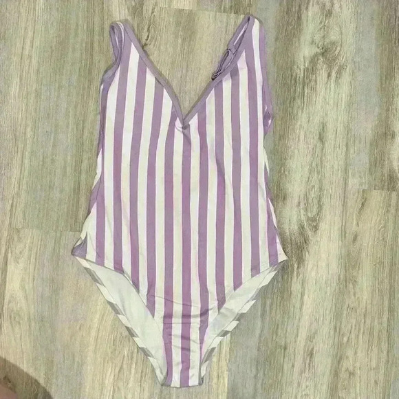 Kona Sol Other - Kona Sol Purple Stripe V Neck Low Back High Leg One Piece Swimsuit Size L